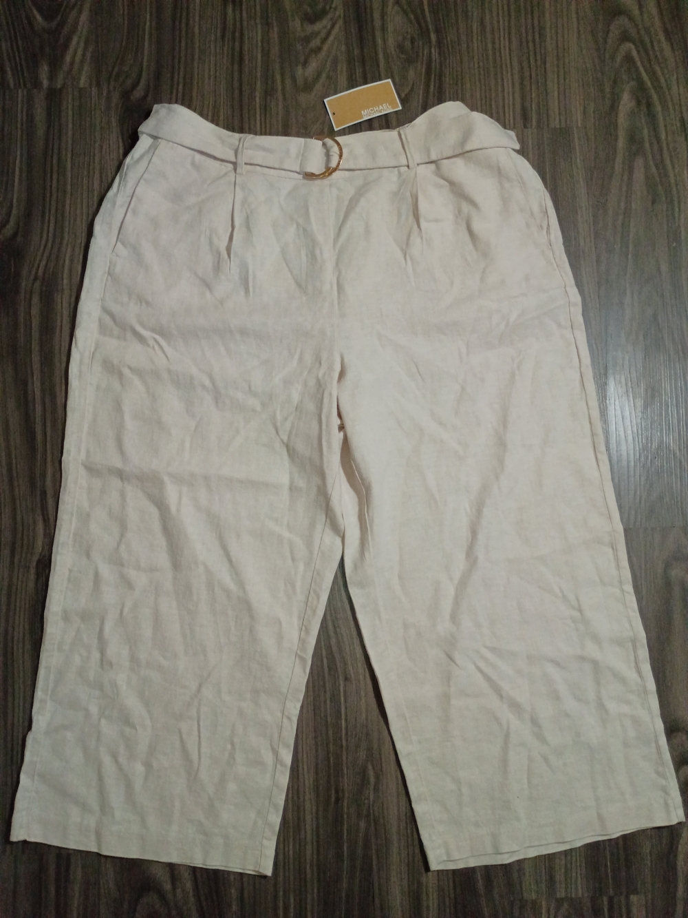 Michael Kors Light Cream Wide-Leg Linen Blend Pants with Belt